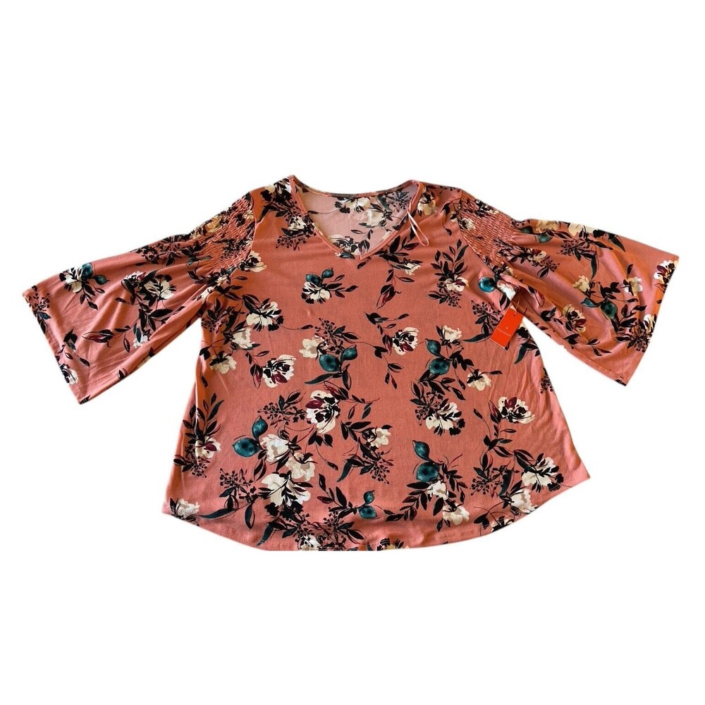 EVRI Peach Floral 3/4 Sleeve Knit Top Women's Plus Size 1X